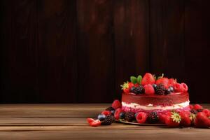 ai généré fruité framboise gâteau sur en bois Contexte. photo