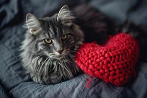 ai généré valentines journée chat avec rouge tricoté cœur et carte postale. photo