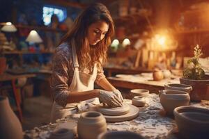 ai généré femelle artisan vend Fait main céramique vases. photo