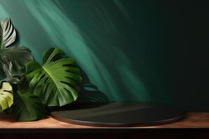 ai généré vide table avec monstera feuille ombre et lumière reflets. photo