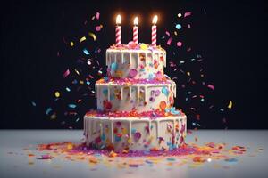 ai généré coloré à trois niveaux anniversaire gâteau photo