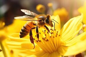 ai généré rayé abeille collecte mon chéri sur Jaune fleur photo