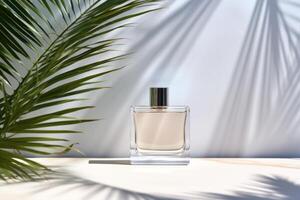 ai généré transparent parfum bouteille avec blanc étiquette sur pierre plaque. photo