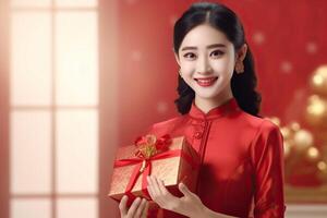 ai généré asiatique femme dans rouge costume donnant or cadeau sur chinois Nouveau année Contexte photo