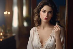 ai généré Jeune femme avec parfum bouteille à maison. photo