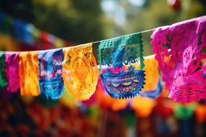 ai généré mexicain journée de le mort drapeaux coloré papel picado photo