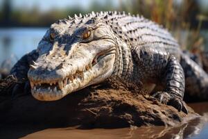 ai généré grand femelle eau salée crocodile sur boueux rivière banque. photo