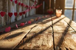 ai généré la Saint-Valentin journée vide en bois plate-forme avec cœur guirlande photo