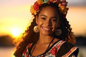 nicaraguayen traditionnel Danseur dans central américain costume à le coucher du soleil photo