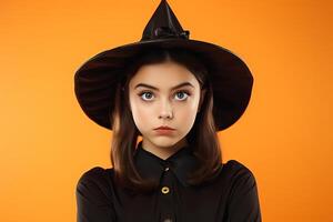 mignonne fille dans Halloween sorcière tenue, étonné, isolé photo