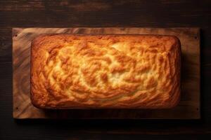 ai généré fermer de délicieux Madère biscuit gâteau sur en bois planche. photo