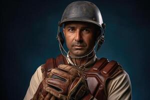 ai généré Indien joueur de cricket dans studio portrait avec casque et gants photo