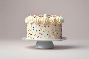 ai généré coloré vanille crème au beurre anniversaire gâteau sur neutre Contexte. photo