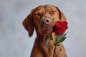 ai généré rousse vizsla chien détient rouge Rose pour valentines journée. photo