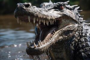 ai généré camouflé crocodile émerge avec à pleines dents sourire. photo