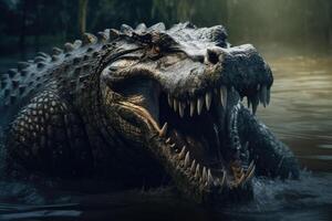 ai généré dents pointues crocodile dans rivière. photo