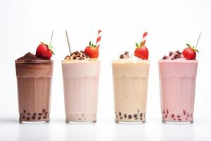 ai généré Frais milkshakes fraise vanille et Chocolat les saveurs. photo
