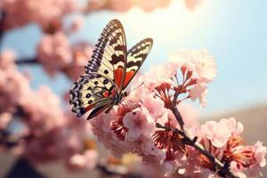 ai généré printemps ancien papillon et Cerise arbre fleur photo