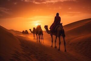 ai généré chameau silhouettes dans le sable dunes de thar désert sur le coucher du soleil. caravane dans Rajasthan Voyage tourisme Contexte safari aventure. photo