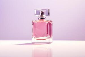 ai généré délicat rose verre parfum bouteille sur blanc Contexte photo