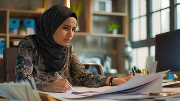 ai généré habilité musulman femme d'affaires dans moderne Bureau photo