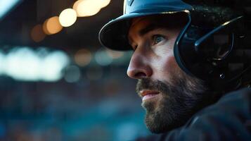 ai généré professionnel base-ball joueur dans action à stade avec flou Contexte photo