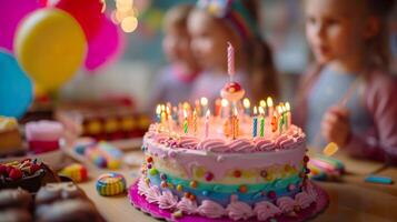 ai généré sucré fête plaisir, vibrant rose anniversaire gâteau pour les enfants photo