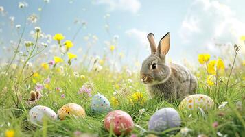 ai généré printemps pays des merveilles, Pâques lapin et des œufs Prairie fête photo