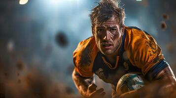 ai généré le rugby joueur dans action, plein corps portrait dans stade photo