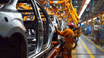 ai généré industriel fabrication, ouvrier sur auto usine production ligne photo