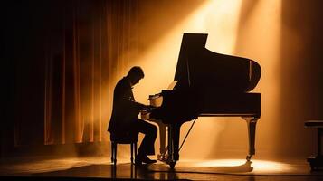 ai généré concert élégance, spectaculaire éclairage pour piano performance photo