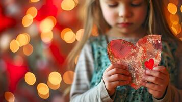 ai généré réconfortant la Saint-Valentin carte ouvré par enfant mains photo