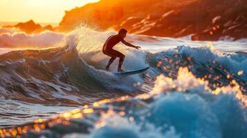 ai généré côtier aventure, dynamique surfeur dans action sur ondulé mer photo