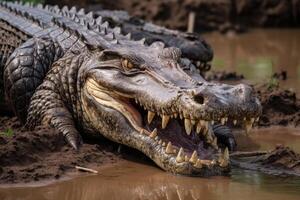 ai généré Nil crocodiles dévorant gnou dans masaï Mara. photo