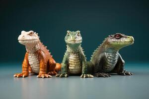 ai généré Trois petit crocodile figurines dans une studio tir. photo