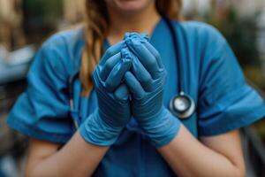 portant gants ses représenter monde infirmière journée. photo