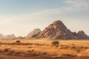 ai généré large panorama de une pierre désert à lever du soleil dans brume de doux lumière du soleil Montagne paysage de spitzkoppe collines namibie. Voyage à faune de Afrique extrême tour aventures à région sauvage. photo