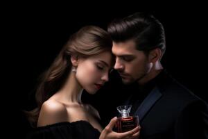 ai généré élégant couple avec parfum sur noir Contexte photo
