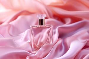 ai généré parfum bouteille avec maquillage produits de beauté sur rose soie Contexte. photo