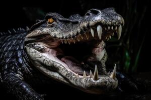 ai généré crocodile dans action avec ouvert bouche sur blanc Contexte. photo