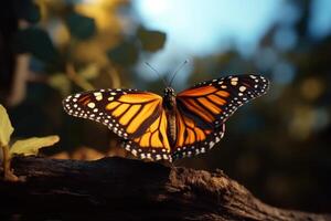 ai généré Orange monarque papillon repos sur bâton photo