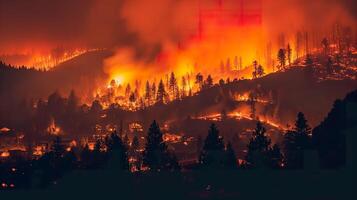 ai généré climat changement crise, incendies engloutit ville dans dévastateur flammes photo