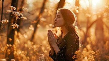 ai généré serein Extérieur méditation, Jeune femme prier au milieu de la nature photo