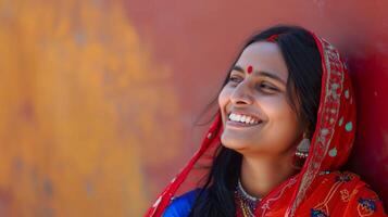 ai généré smiley Indien femme, rayonnant joie dans une moyen coup photo