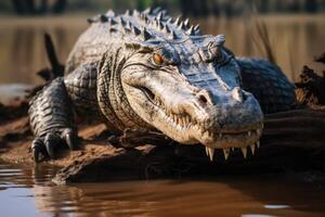 ai généré grand femelle eau salée crocodile sur boueux rivière banque. photo