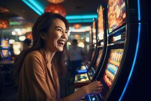 ai généré excité asiatique femme en jouant fente machine dans casino. photo