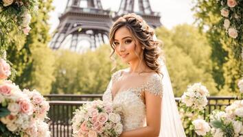 ai généré magnifique la mariée dans une blanc robe contre le toile de fond de le Eiffel la tour photo