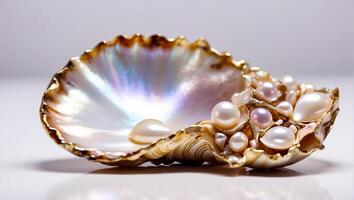 ai généré magnifique coquille avec perles sur une lumière Contexte photo