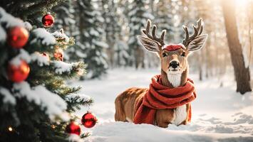 ai généré mignonne cerf dans le hiver forêt photo