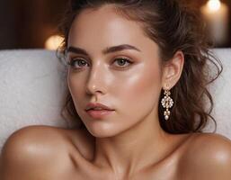 ai généré portrait une mignonne Jeune femme orné avec élégant des boucles d'oreilles, profiter une moment de relaxation dans spa. photo